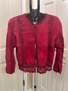 Women’s Red leather Suede Crochet-Trim Jacket